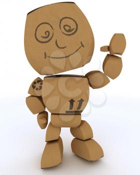 3D render of a Cardboard Box figure waving hello