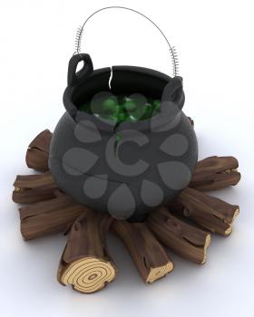 3D render of cauldron of eyeballs on log fire