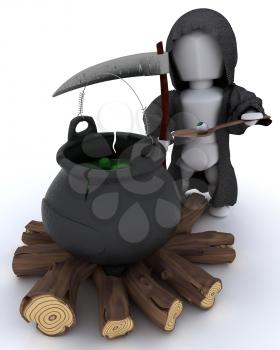 3D render of grim reaper with cauldron of eyeballs on log fire