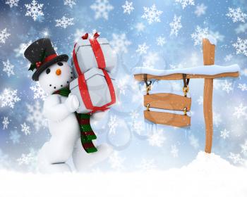 Christmas background of snowman carrying gifts with snowy sign
