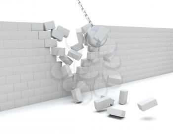 3D Render of a Wrecking ball demolishing a wall