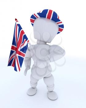 3D render of Man in Union Jack Hat with Flag