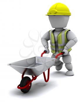 3D render of a Builder with a wheel barrow