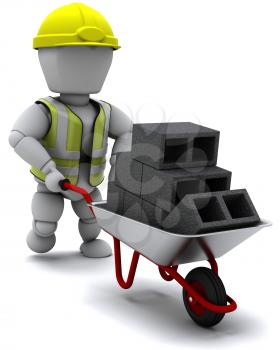3D render of a Builder with a wheel barrow carrying bricks