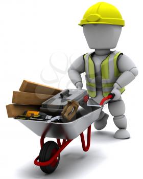 3D render of a Builder with a wheel barrow carrying tools