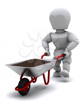 3D render of a gardener with a wheel barrow carrying soil
