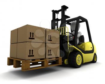 3D Render of Man Driving Fork Lift Truck Isolated on White