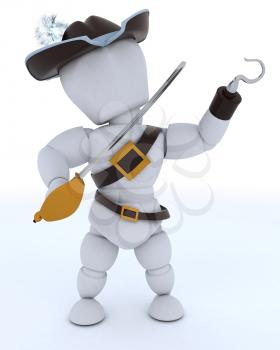 3D Render of man dressed as a pirate with hook