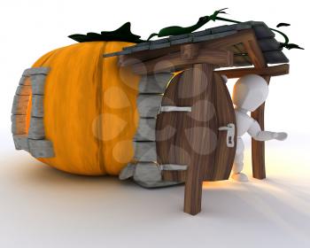 3D Render of Man in Halloween Pumpkin Cottage