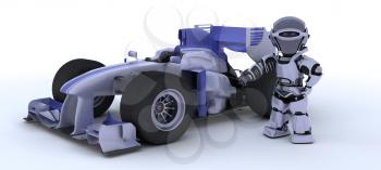 3D render of robot with a racing car
