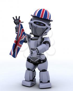 3D render of Robot in Union Jack Hat with Flag