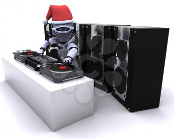 3D render of a Robot  DJ mixing records on turntables