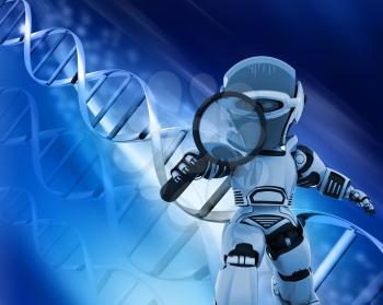 3D render of a robot holding a magnifying glass on a DNA background