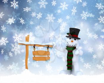 Christmas background with snowman and snowy wooden sign