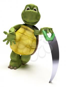 3D render of a Tortoise with a wood saw