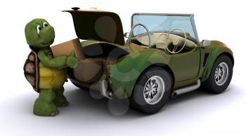 3d render of a tortoise loading boxes in  a car