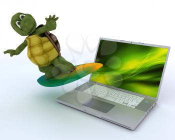 3D render of a tortoise with surf board and laptop