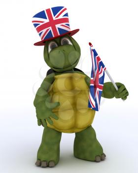 3D render of Tortoise in Union Jack Hat with Flag