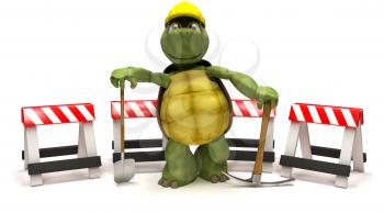 3D render of a tortoise with a  spade and pick axe with hazard barriers