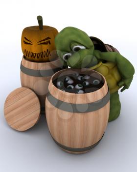 3D render of a tortoise bobbing for eyeballs in a barrel