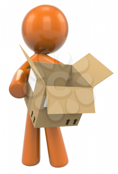 Royalty Free Clipart Image of a 3D Orange Man Holding A Shipping Box