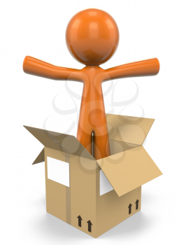 3D Orange Man Popping Out Of A Cardboard Box; 