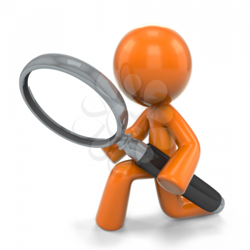Royalty Free Clipart Image of an Orange Man With a Magnifying Glass