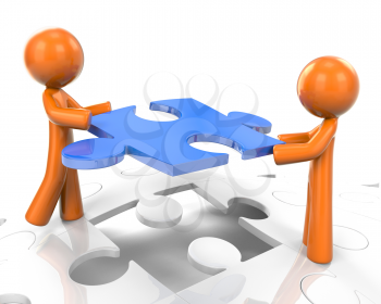 Royalty Free Clipart Image of Two Orange Man Working to Put a Puzzle Together 