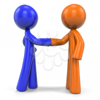 Royalty Free Clipart Image of a Blue Man and an Orange Man Shaking Hands