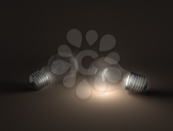 Royalty Free Clipart Image of Two Lightbulbs One Lit Up, One Dark 