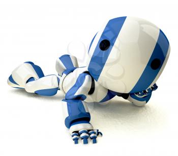 A glossy robot lying down stretched out on the floor with a shadow looking at the viewer.