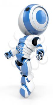 A blue robot drifting up, a view shown from the side. He almost appears weightless. 