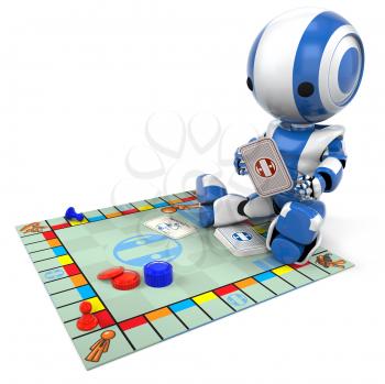 A blue robot playing a generic board game. Good for concepts involving strategy, entertainment, etc. 