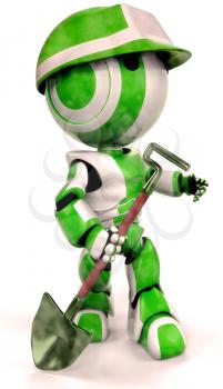 A green robot environmental worker with a shovel and hard hat ready to plant some trees, landscape a garden, or repair the rainforests! This project was special to me.