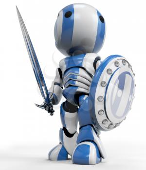 A blue robot holding a sword and Shield. a symbol of technological purity and excellence. Good concept for antivirus, bot software, and just fun!