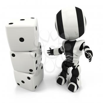A robot standing in front of dice, with the numbers One, Two, and Three.