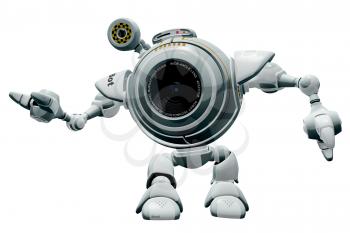 Royalty Free Clipart Image of a robot web cam web cam gesturing nicely.