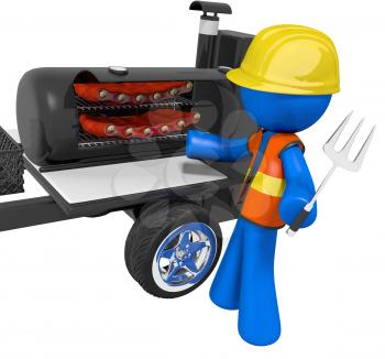 Royalty Free Clipart Image of a Blue Man Barbecuing Ribs