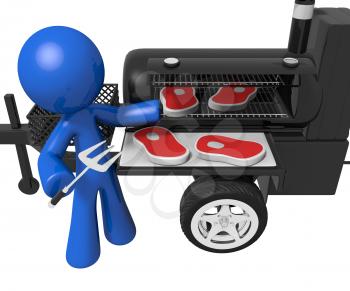 Royalty Free Clipart Image of a Blue Man Barbecuing Steaks