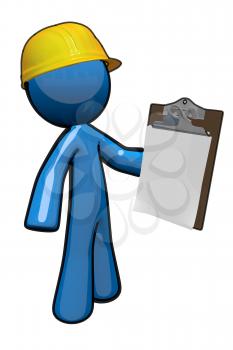 Royalty Free Clipart Image of a Blue Man Holding a Clipboard