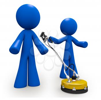 Royalty Free Clipart Image of Two Blue Men Using a Concrete Cleaner