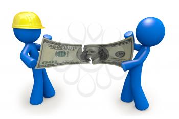 Royalty Free Clipart Image of Two Blue Men Fighting Over a Hundred Dollar Bill