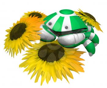Royalty Free Clipart Image of a Crab Robot with Sunflowers
