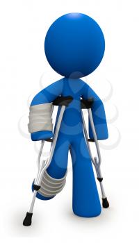 Royalty Free Clipart Image of a Blue Man Walking with Crutches