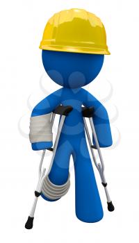 Royalty Free Clipart Image of a Blue Man Wearing a Hard Hat and Walking with Crutches