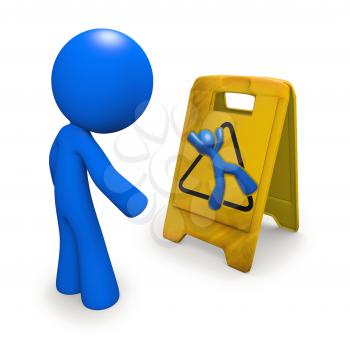 Royalty Free Clipart Image of a Blue Man Looking at a Danger Sign
