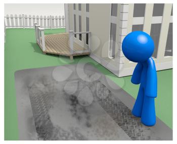 Royalty Free Clipart Image of a blue man looking at a dirty concrete driveway