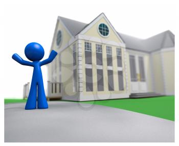 Royalty Free Clipart Image of a Blue Man Standing Outside of a House