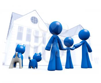 Royalty Free Clipart Image of a Blue Man Family Looking at a House