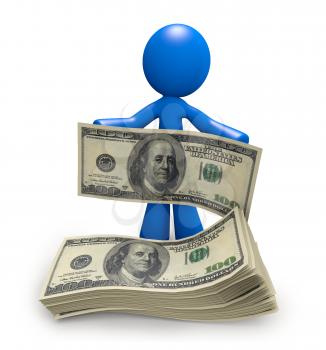 Royalty Free Clipart Image of a Blue Man With a Stack of Money